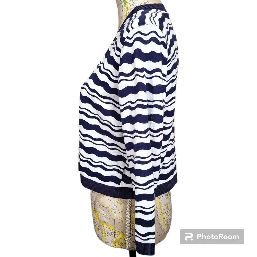 ANN TAYLOR Size Medium Navy White Stripe Cropped Open Front Cardigan Sweater NEW